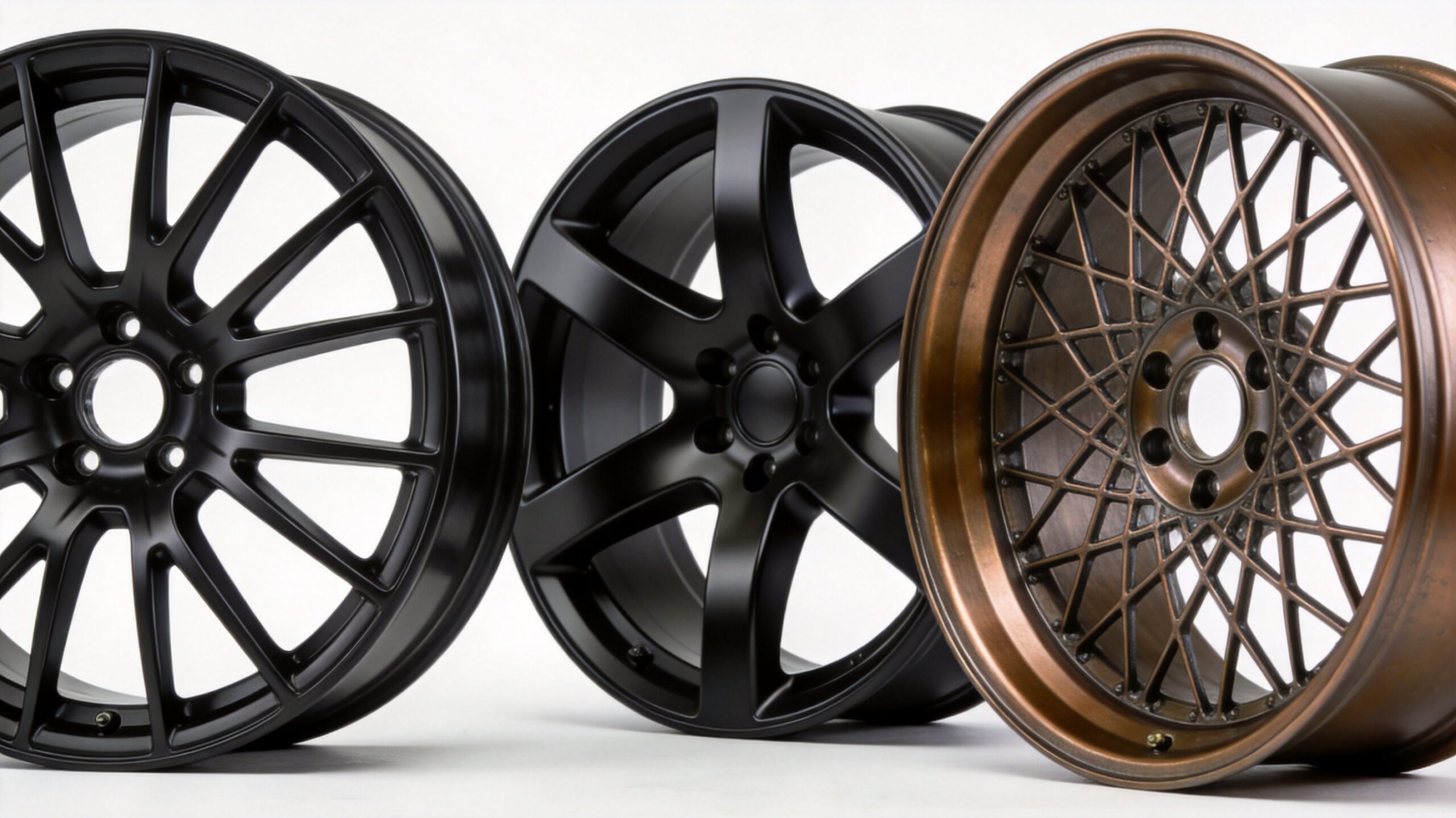 Three different alloy wheel designs with Matte Black, Satin Black, and Bronze finishes
